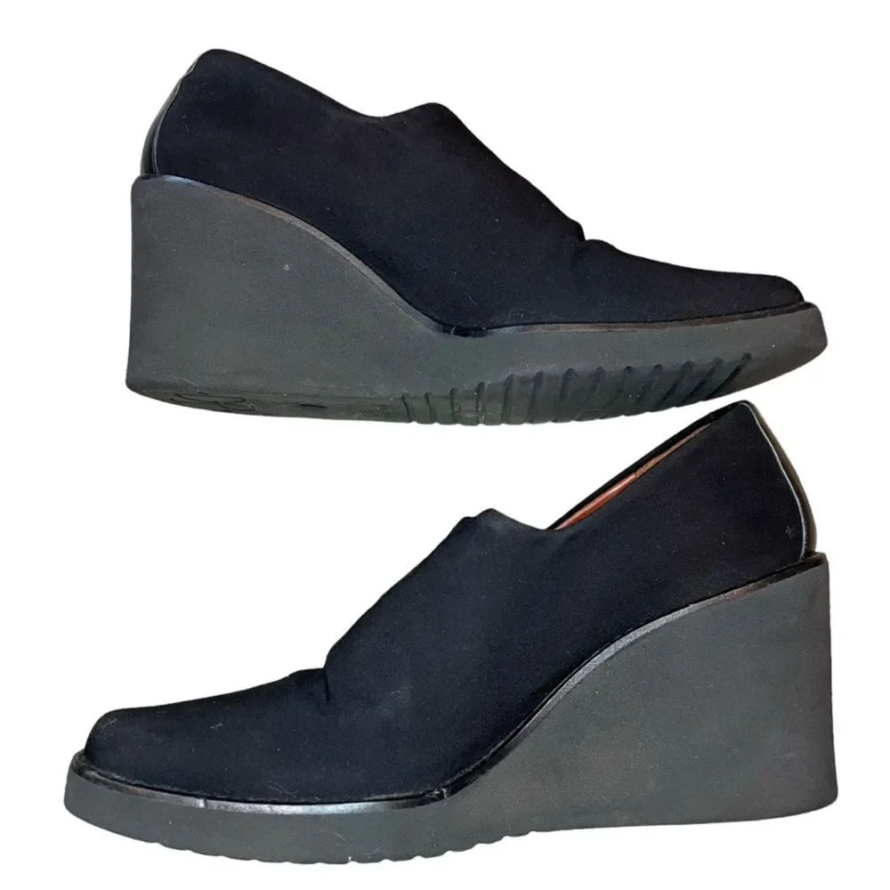 Vintage Donald Pliner Fabric Slip On Wedge Shoe Black Size 7M